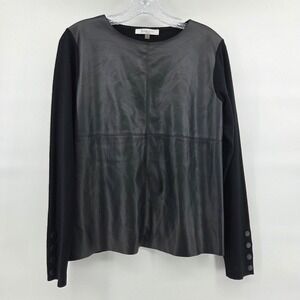 Siani Milano Top S Black Faux Leather‎ Knit Long Sleeve Edgy Chic